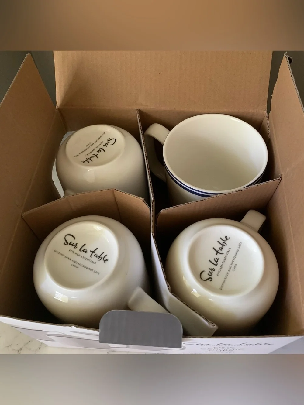Sur La Table Blue Rim Bistro Style Fine Ceramic Cups/ Mugs Set of 4 - 14 Oz Each